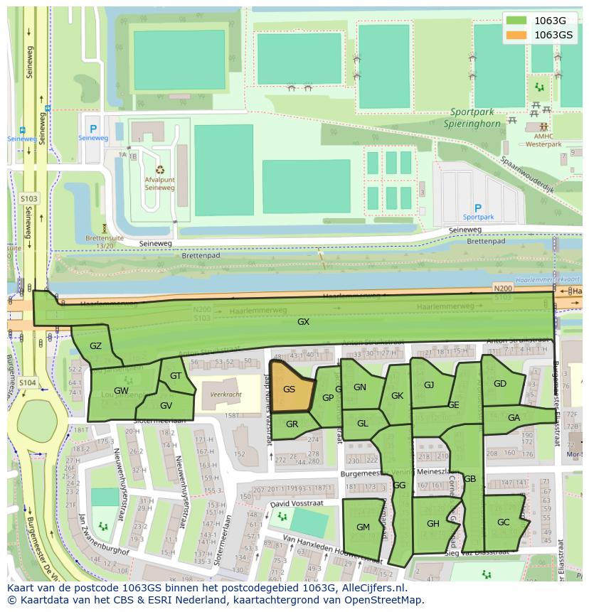 Afbeelding van het postcodegebied 1063 GS op de kaart.