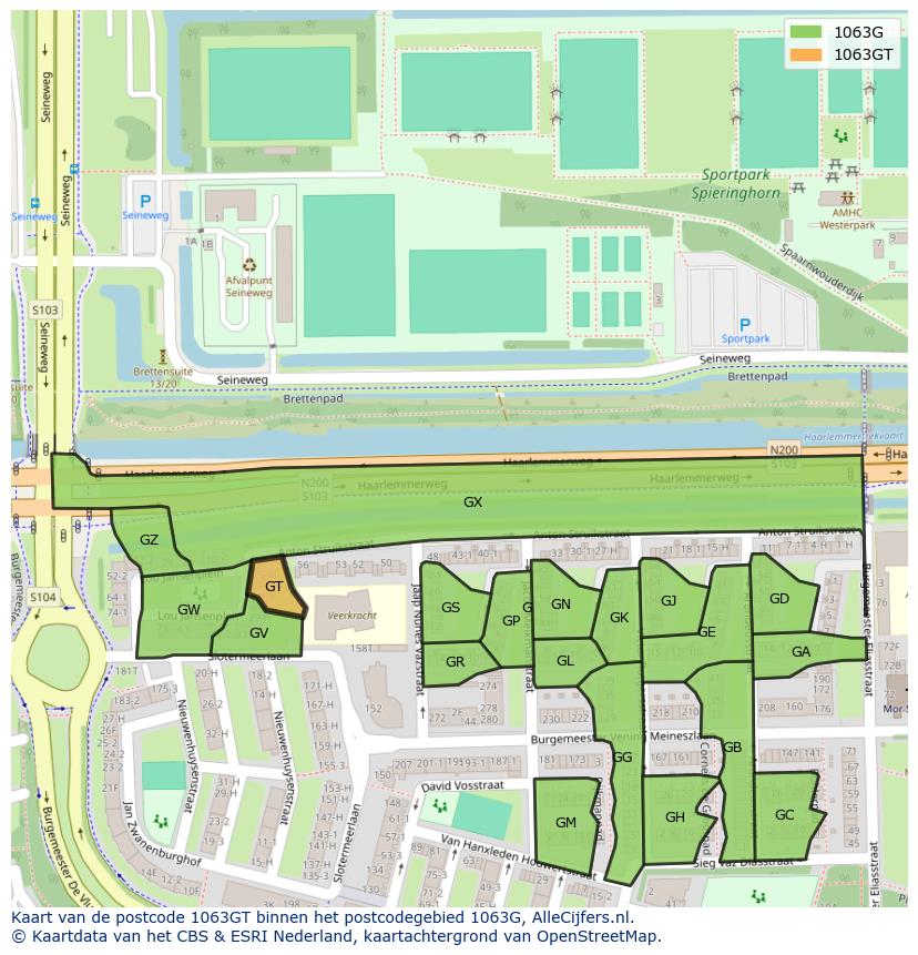 Afbeelding van het postcodegebied 1063 GT op de kaart.