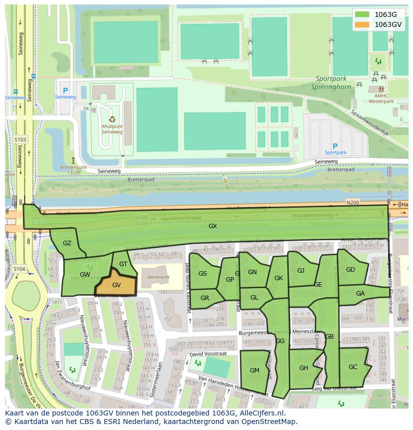 Afbeelding van het postcodegebied 1063 GV op de kaart.