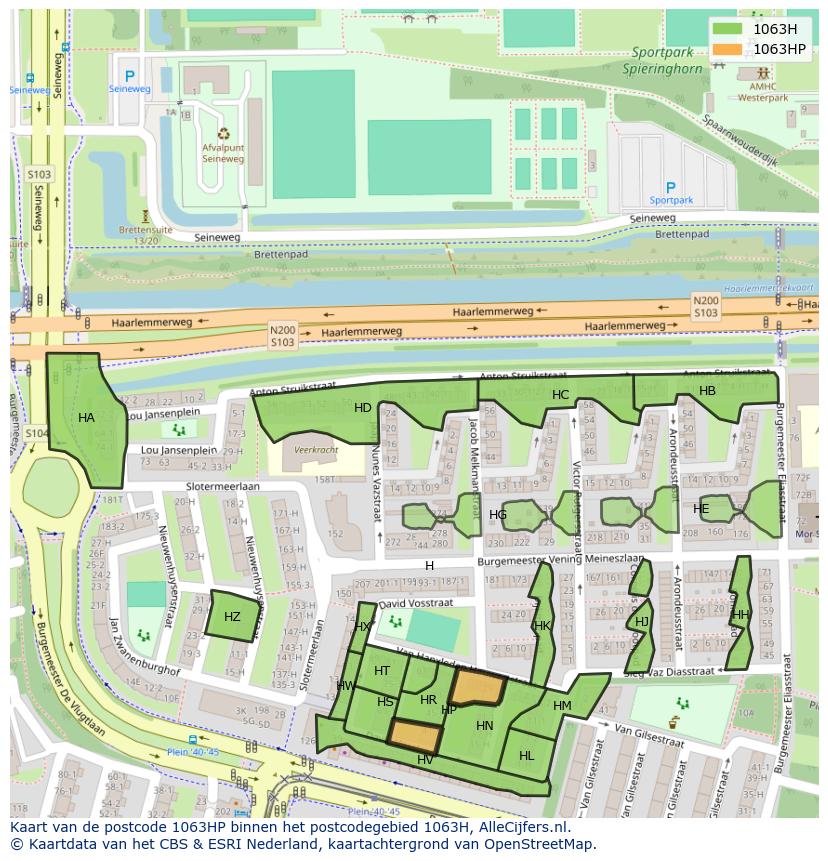 Afbeelding van het postcodegebied 1063 HP op de kaart.