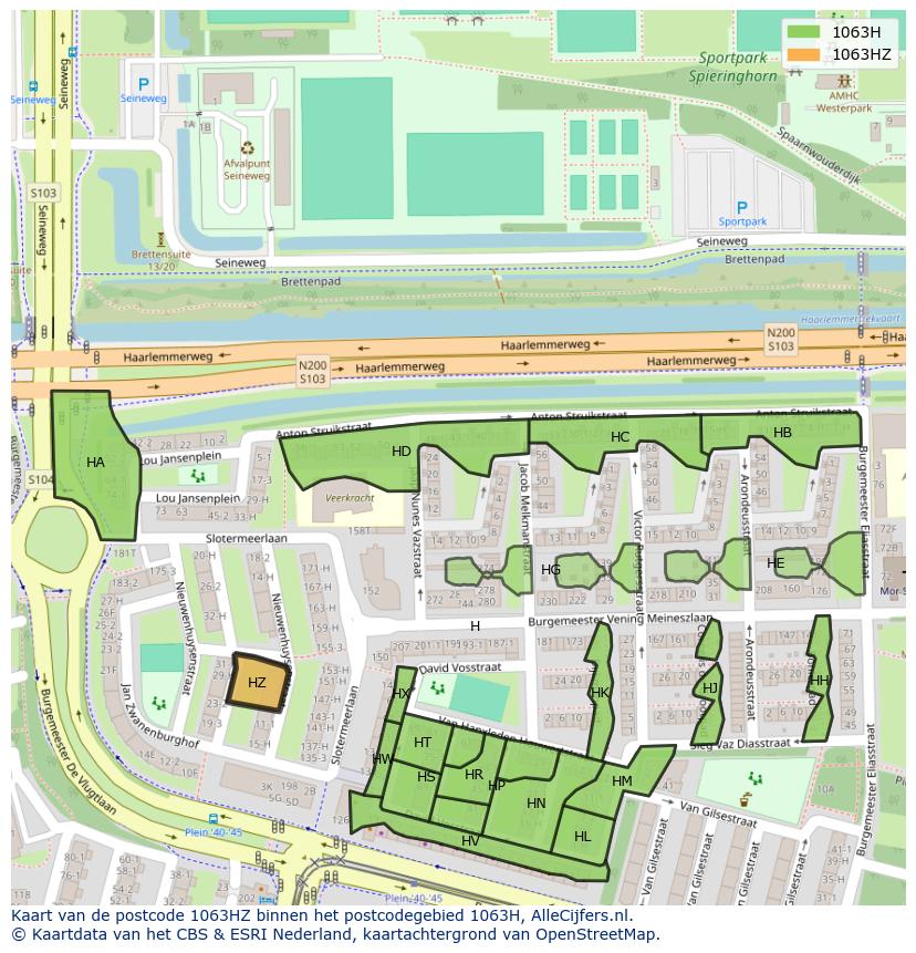 Afbeelding van het postcodegebied 1063 HZ op de kaart.