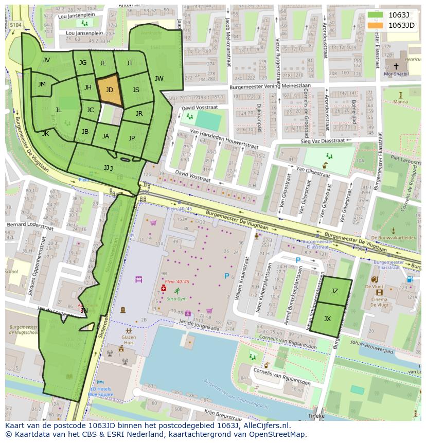 Afbeelding van het postcodegebied 1063 JD op de kaart.