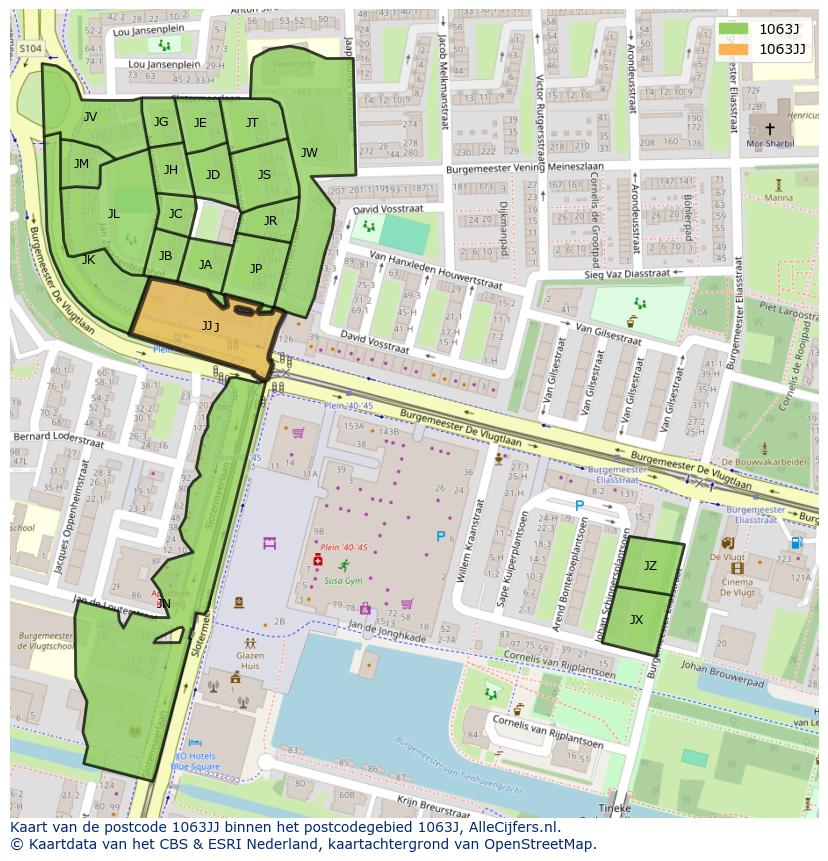 Afbeelding van het postcodegebied 1063 JJ op de kaart.
