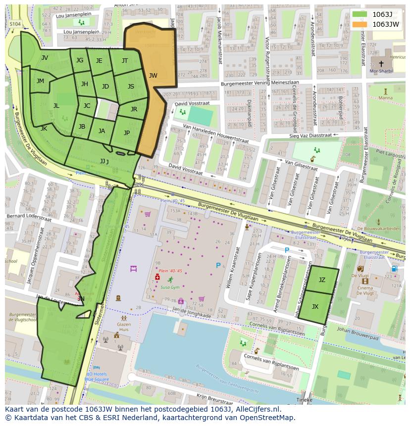 Afbeelding van het postcodegebied 1063 JW op de kaart.