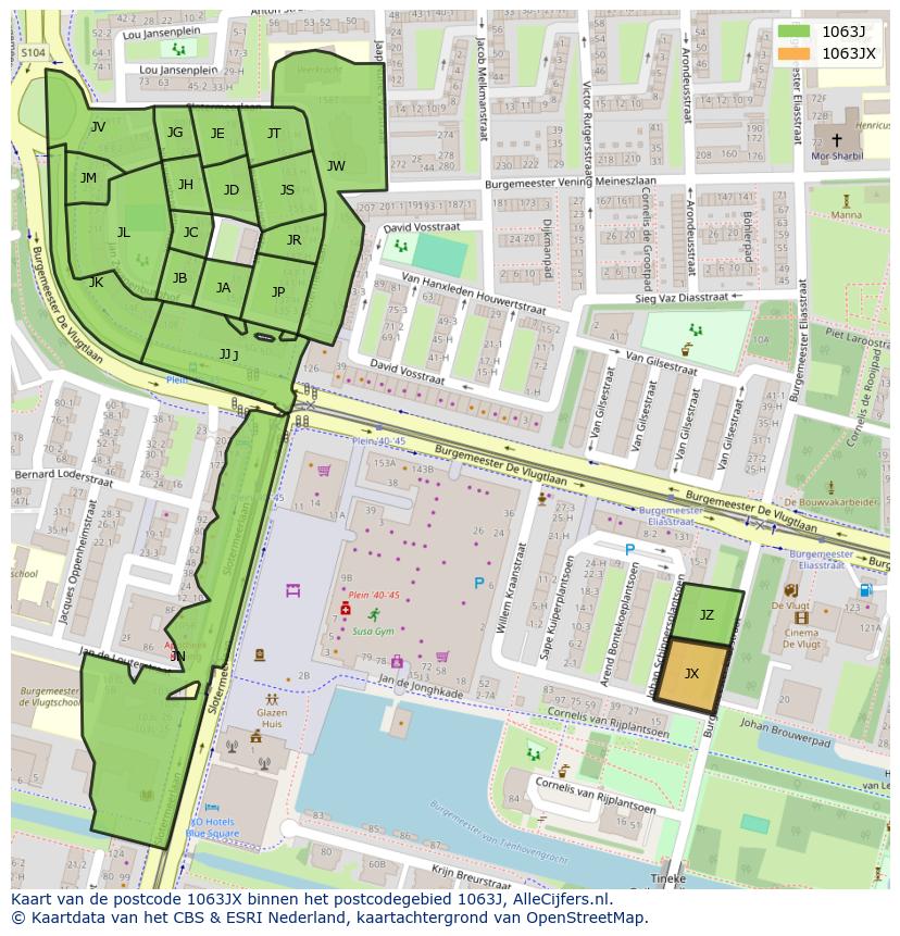 Afbeelding van het postcodegebied 1063 JX op de kaart.