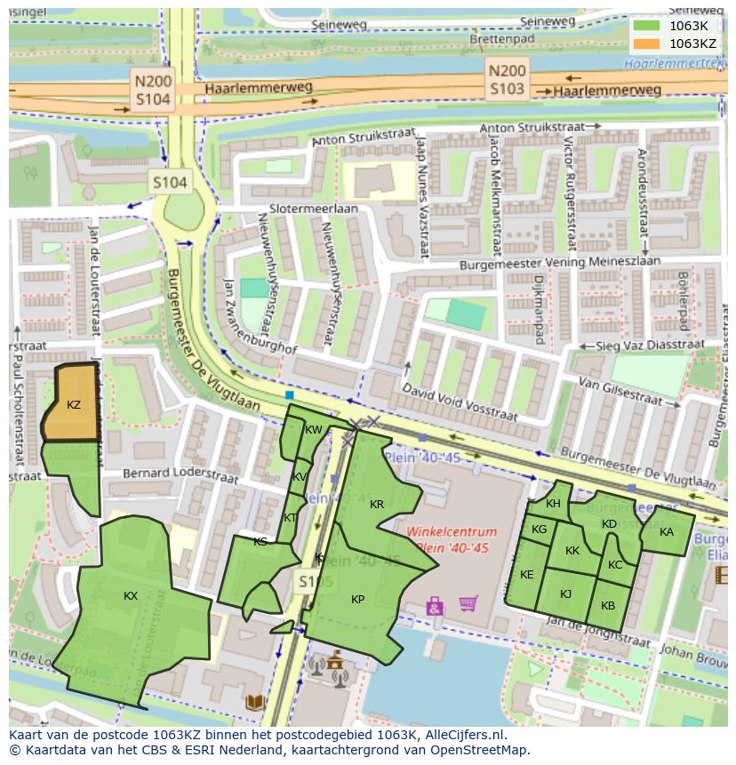 Afbeelding van het postcodegebied 1063 KZ op de kaart.