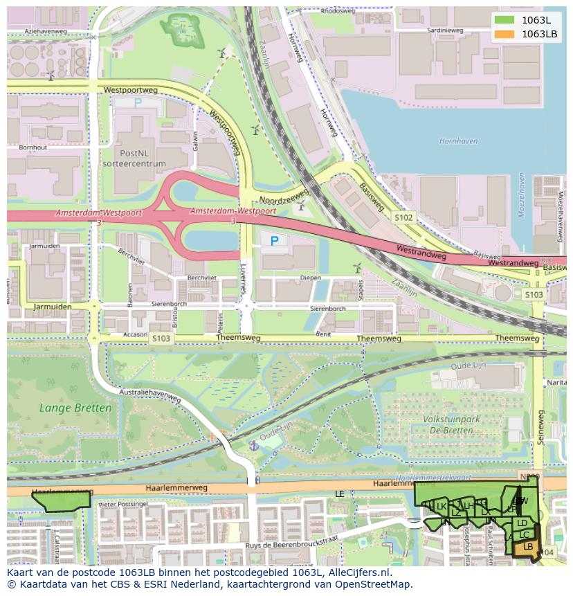 Afbeelding van het postcodegebied 1063 LB op de kaart.