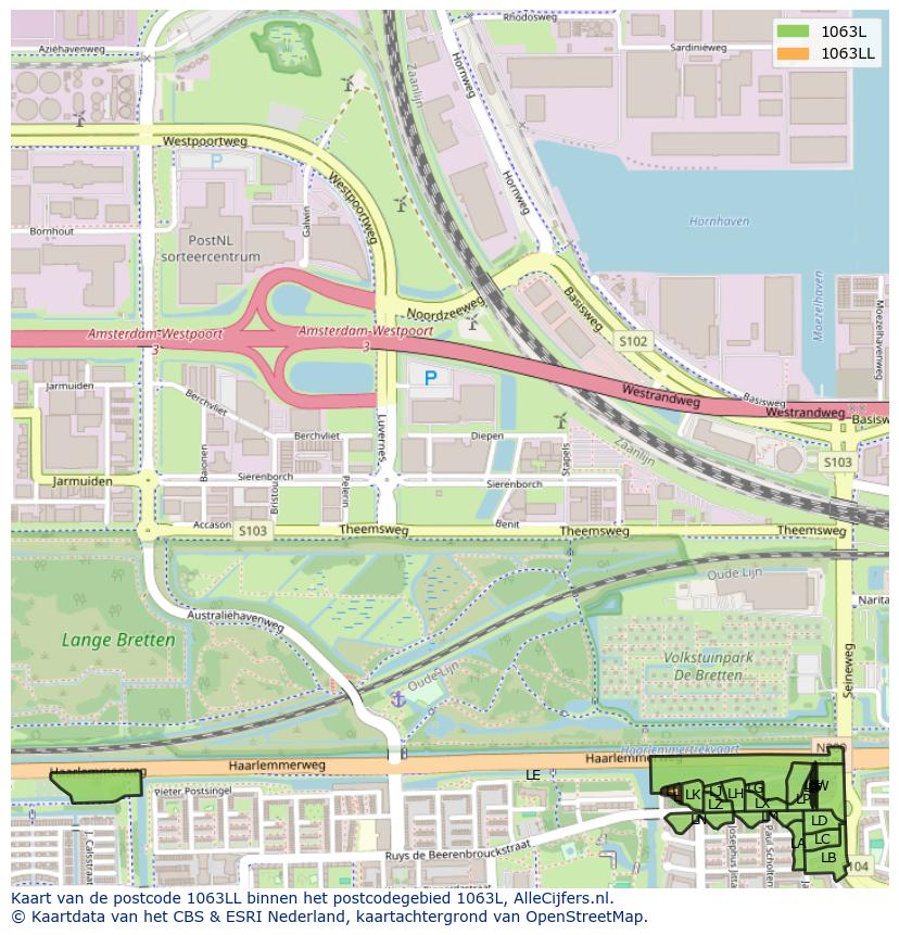 Afbeelding van het postcodegebied 1063 LL op de kaart.