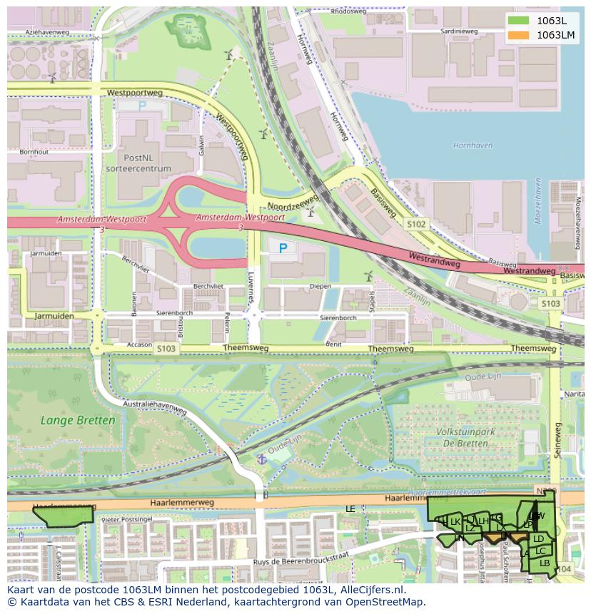 Afbeelding van het postcodegebied 1063 LM op de kaart.
