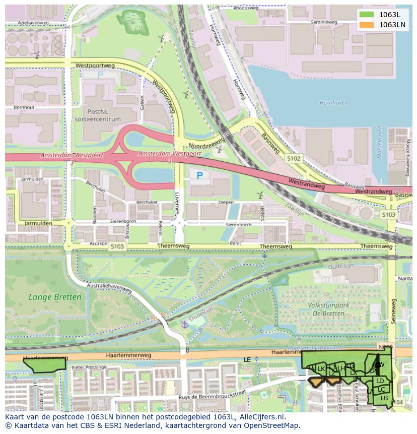 Afbeelding van het postcodegebied 1063 LN op de kaart.