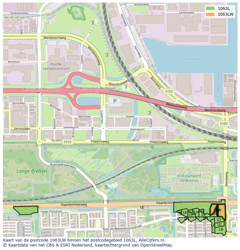 Afbeelding van het postcodegebied 1063 LW op de kaart.