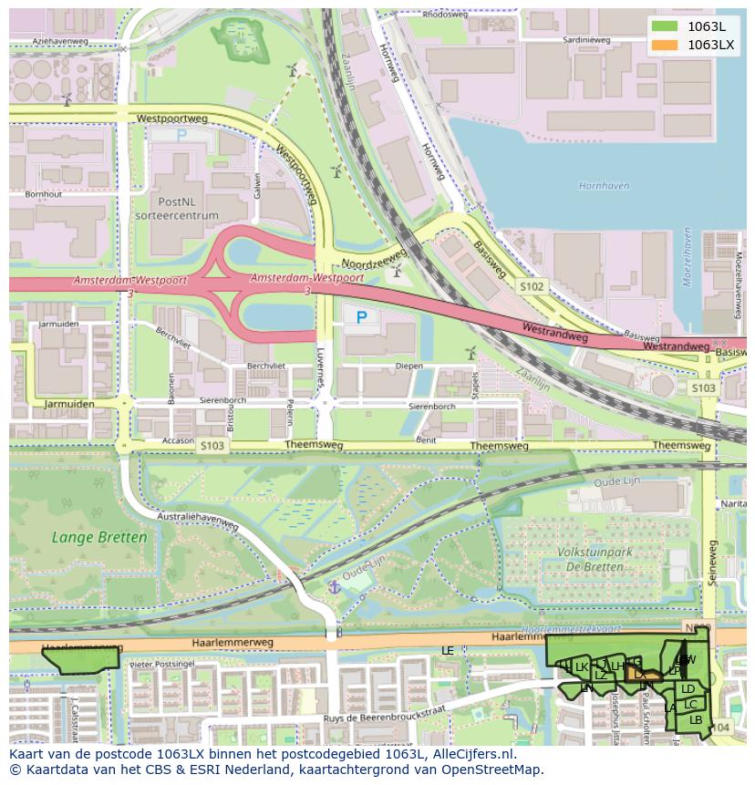 Afbeelding van het postcodegebied 1063 LX op de kaart.