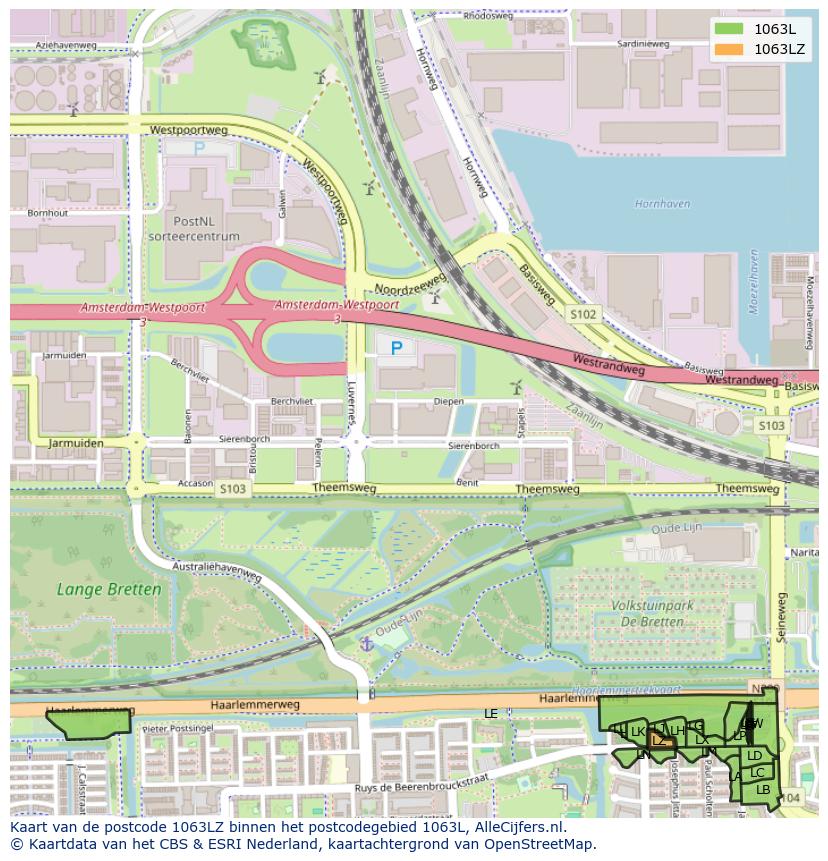 Afbeelding van het postcodegebied 1063 LZ op de kaart.