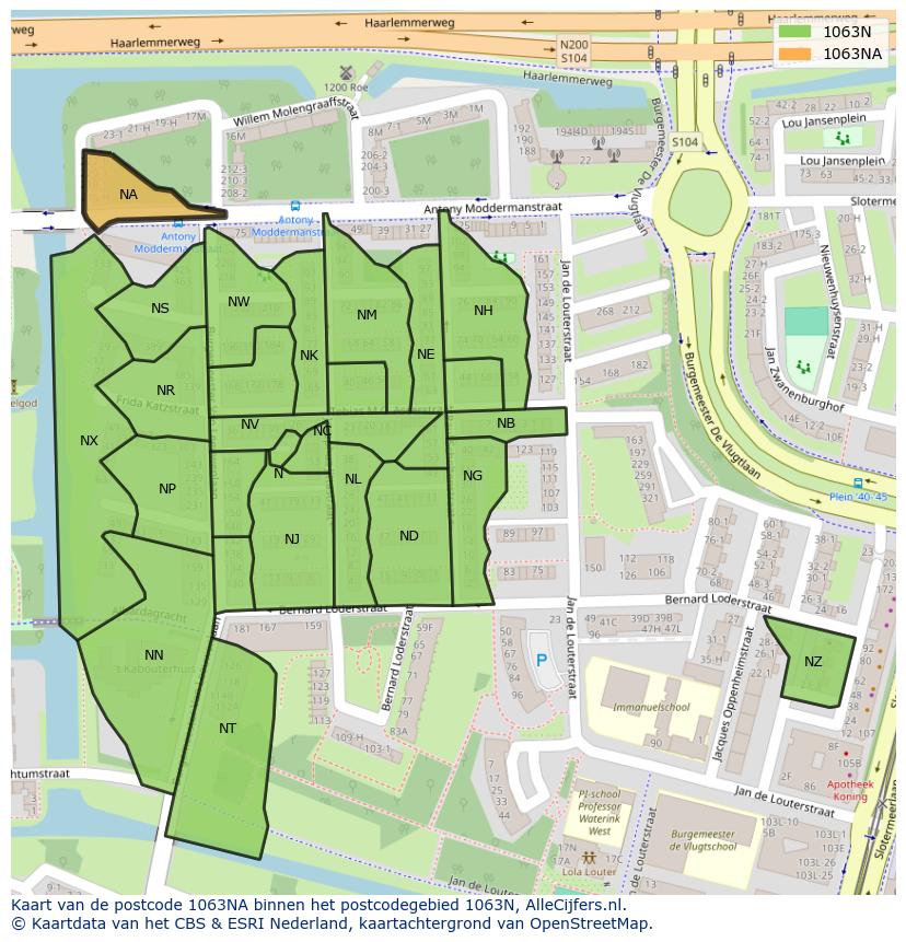 Afbeelding van het postcodegebied 1063 NA op de kaart.