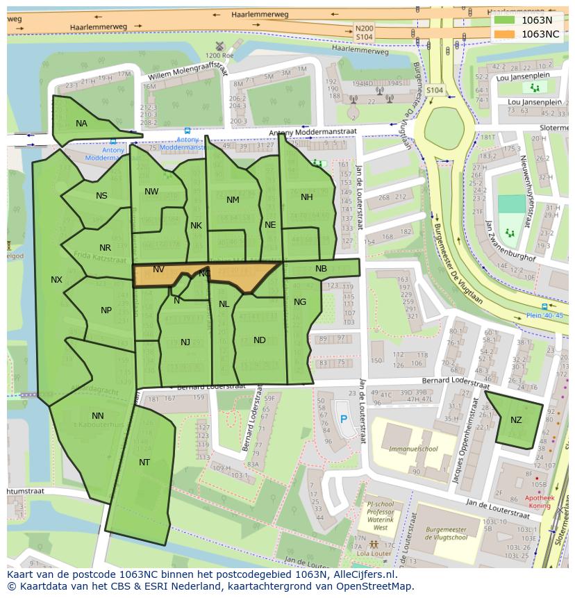 Afbeelding van het postcodegebied 1063 NC op de kaart.