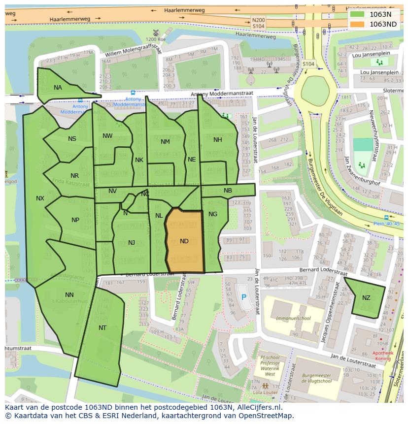Afbeelding van het postcodegebied 1063 ND op de kaart.
