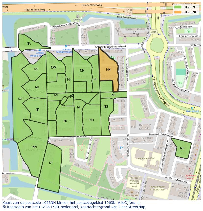 Afbeelding van het postcodegebied 1063 NH op de kaart.