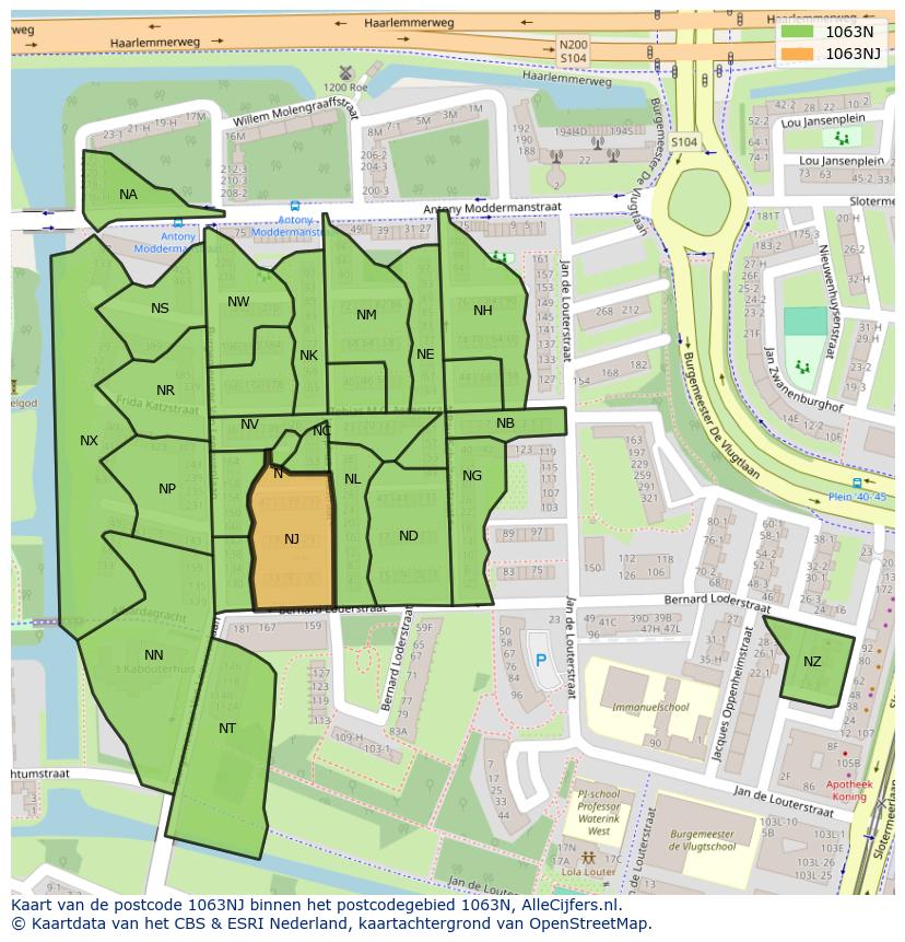 Afbeelding van het postcodegebied 1063 NJ op de kaart.