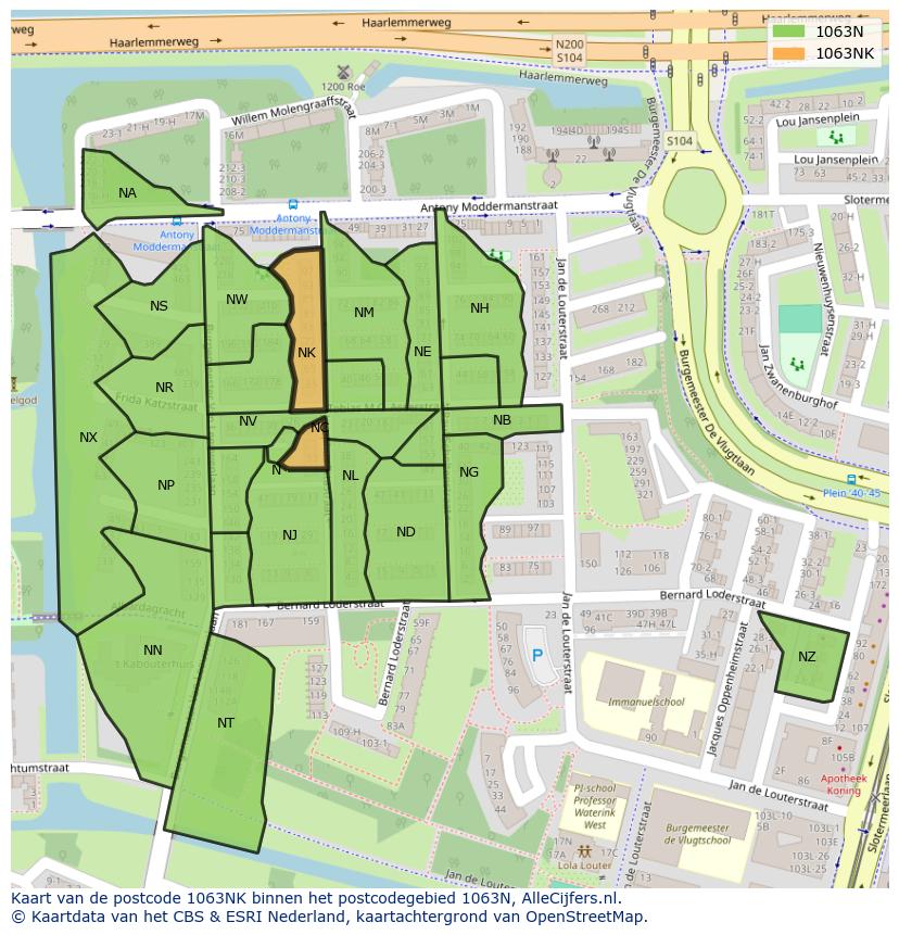 Afbeelding van het postcodegebied 1063 NK op de kaart.