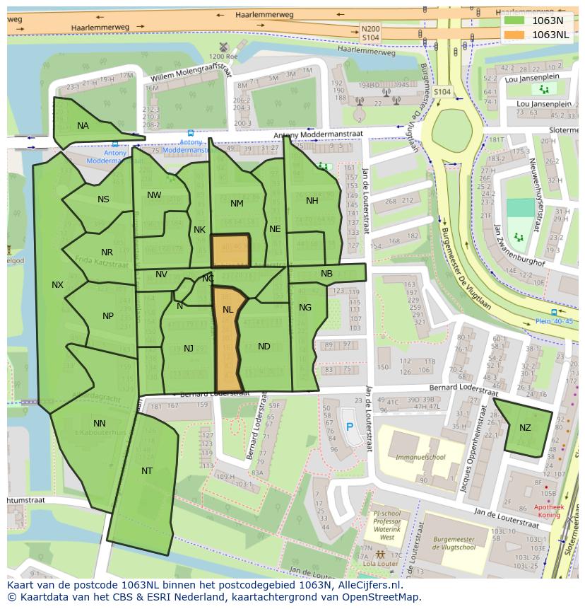 Afbeelding van het postcodegebied 1063 NL op de kaart.