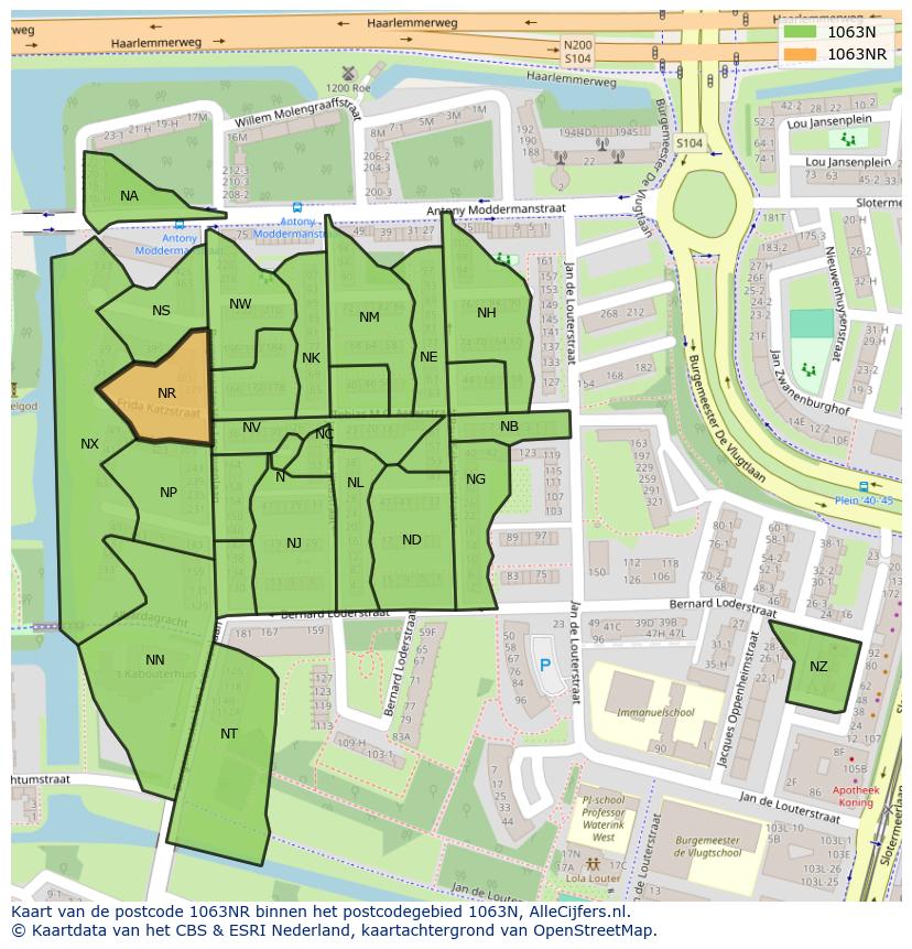 Afbeelding van het postcodegebied 1063 NR op de kaart.