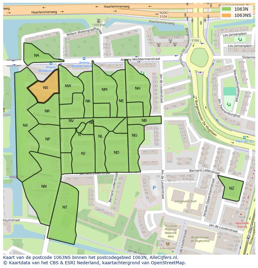 Afbeelding van het postcodegebied 1063 NS op de kaart.