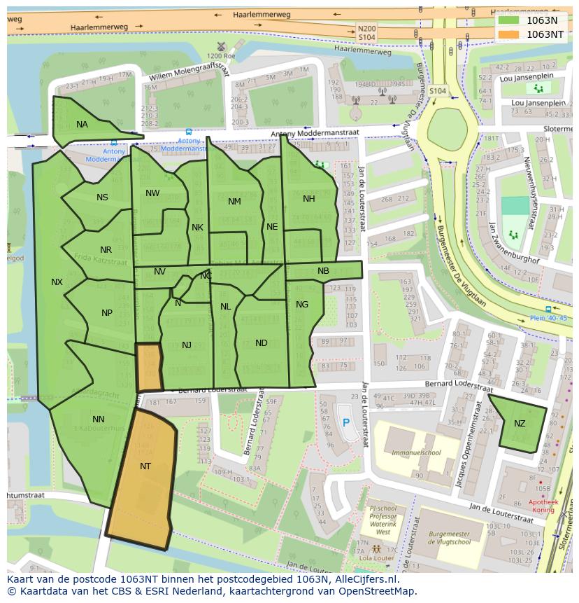 Afbeelding van het postcodegebied 1063 NT op de kaart.