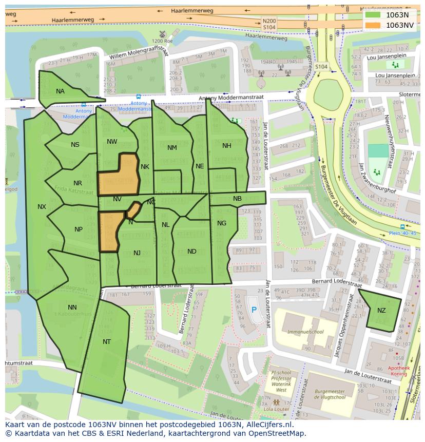 Afbeelding van het postcodegebied 1063 NV op de kaart.