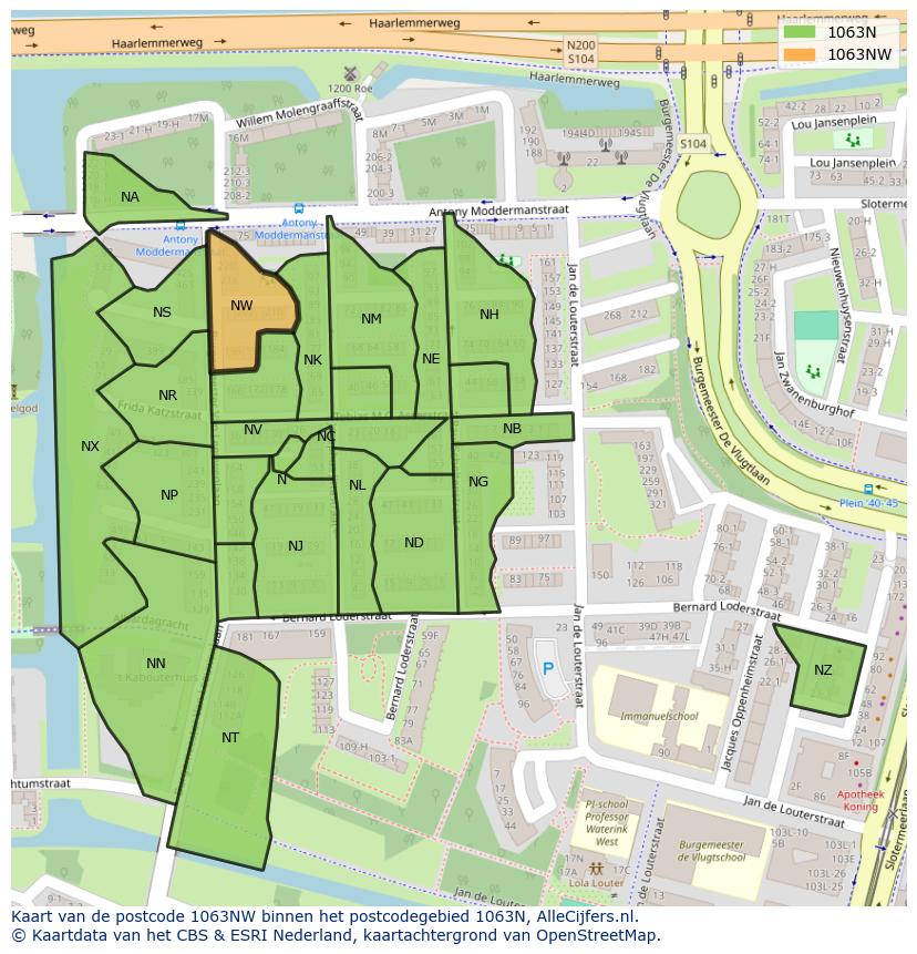 Afbeelding van het postcodegebied 1063 NW op de kaart.