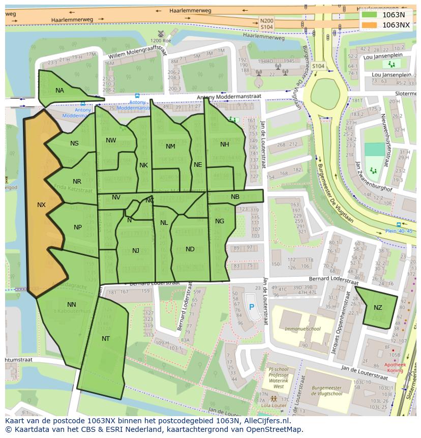 Afbeelding van het postcodegebied 1063 NX op de kaart.