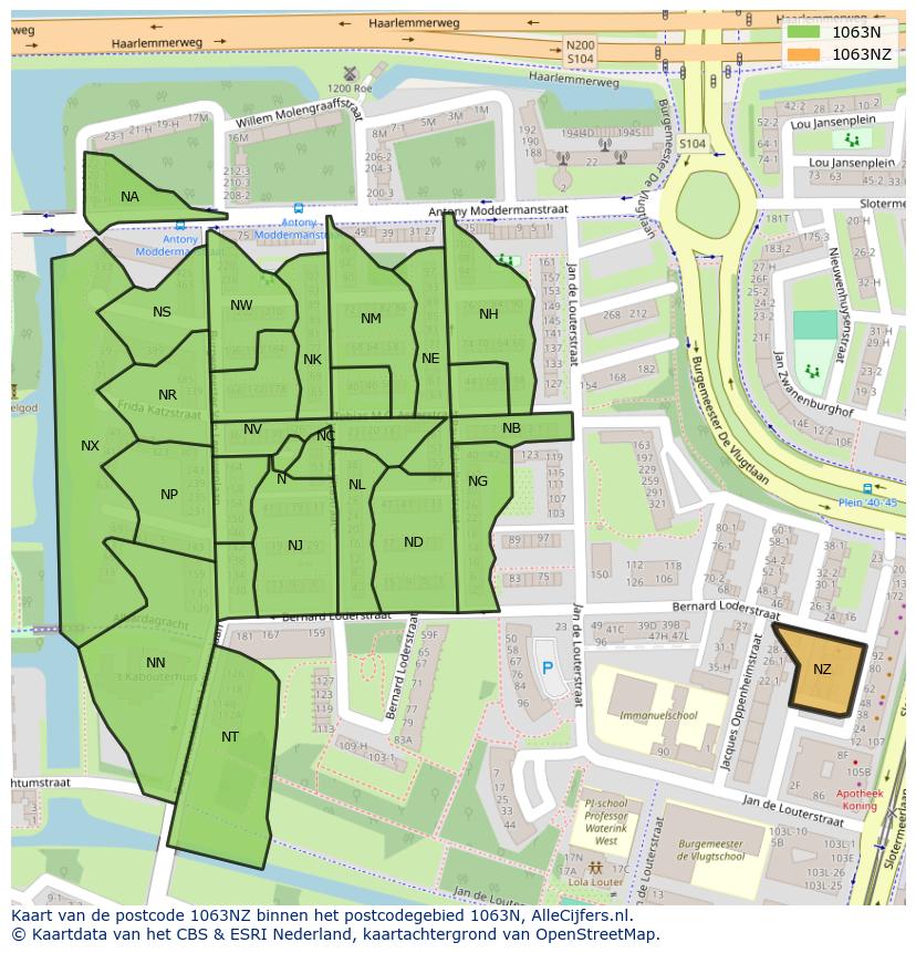 Afbeelding van het postcodegebied 1063 NZ op de kaart.