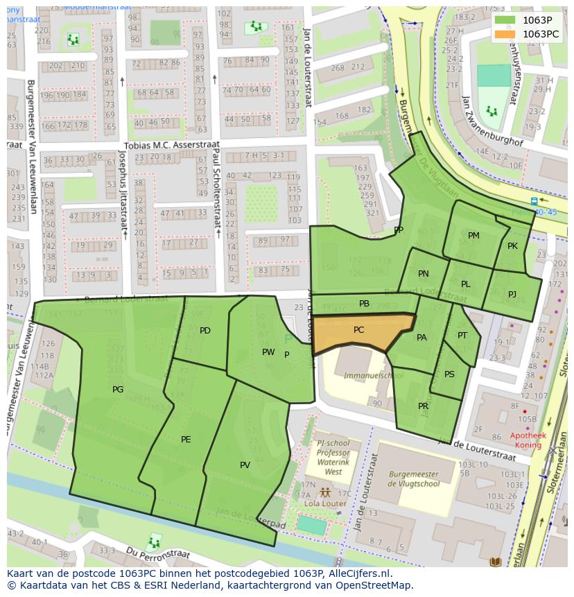 Afbeelding van het postcodegebied 1063 PC op de kaart.