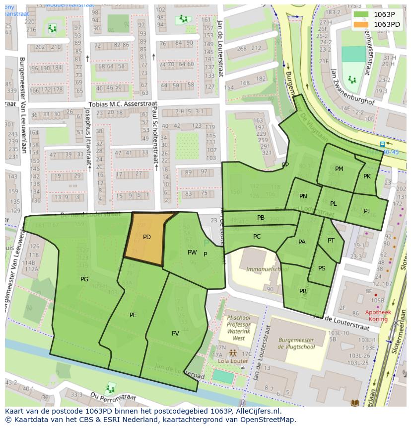 Afbeelding van het postcodegebied 1063 PD op de kaart.
