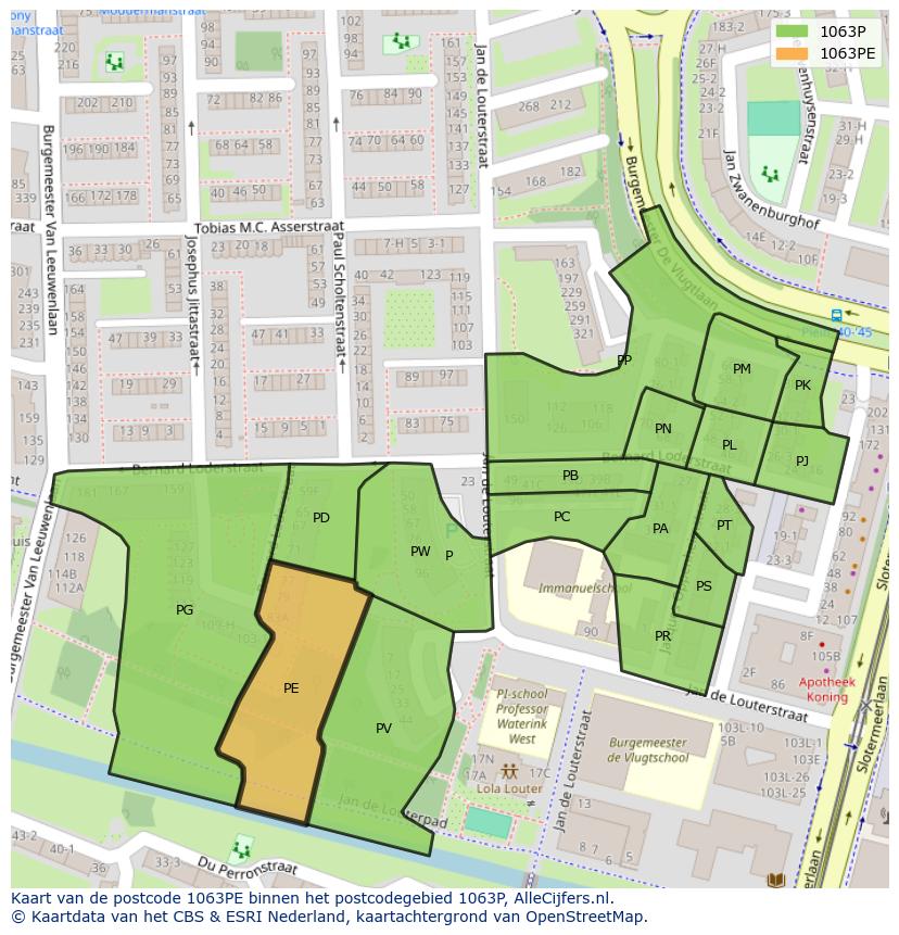 Afbeelding van het postcodegebied 1063 PE op de kaart.