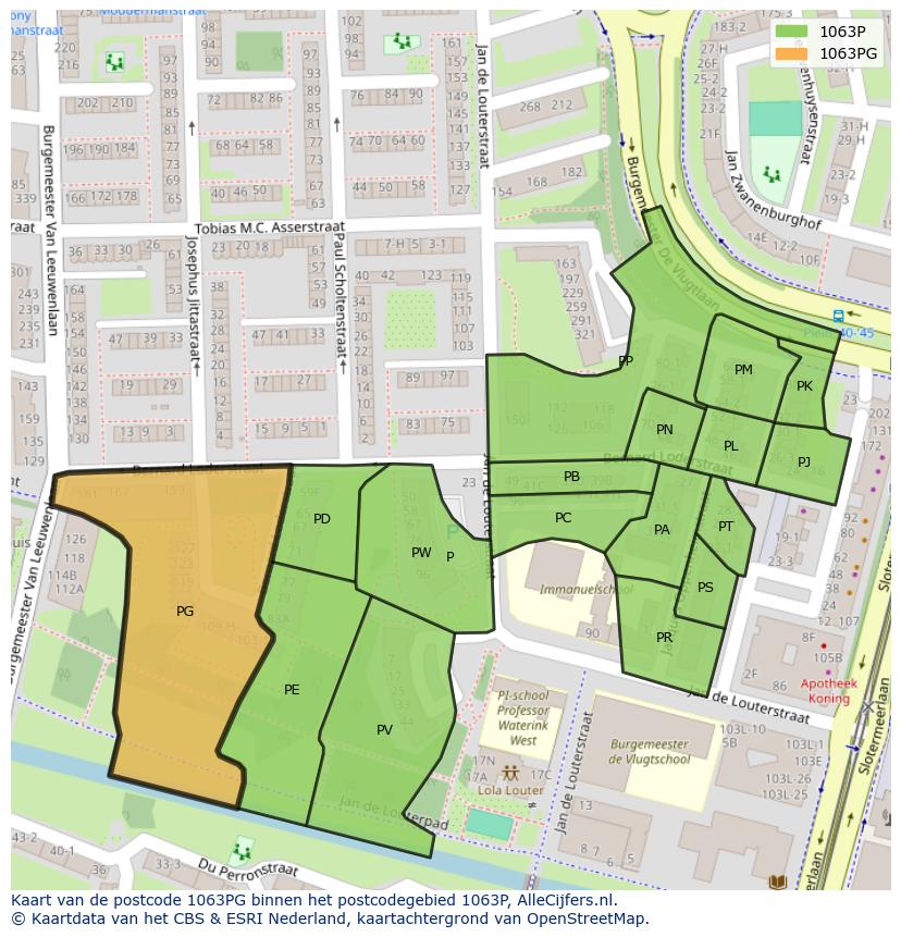Afbeelding van het postcodegebied 1063 PG op de kaart.