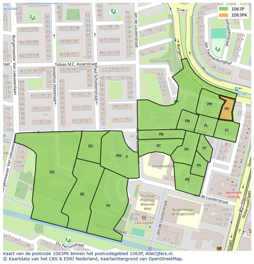 Afbeelding van het postcodegebied 1063 PK op de kaart.