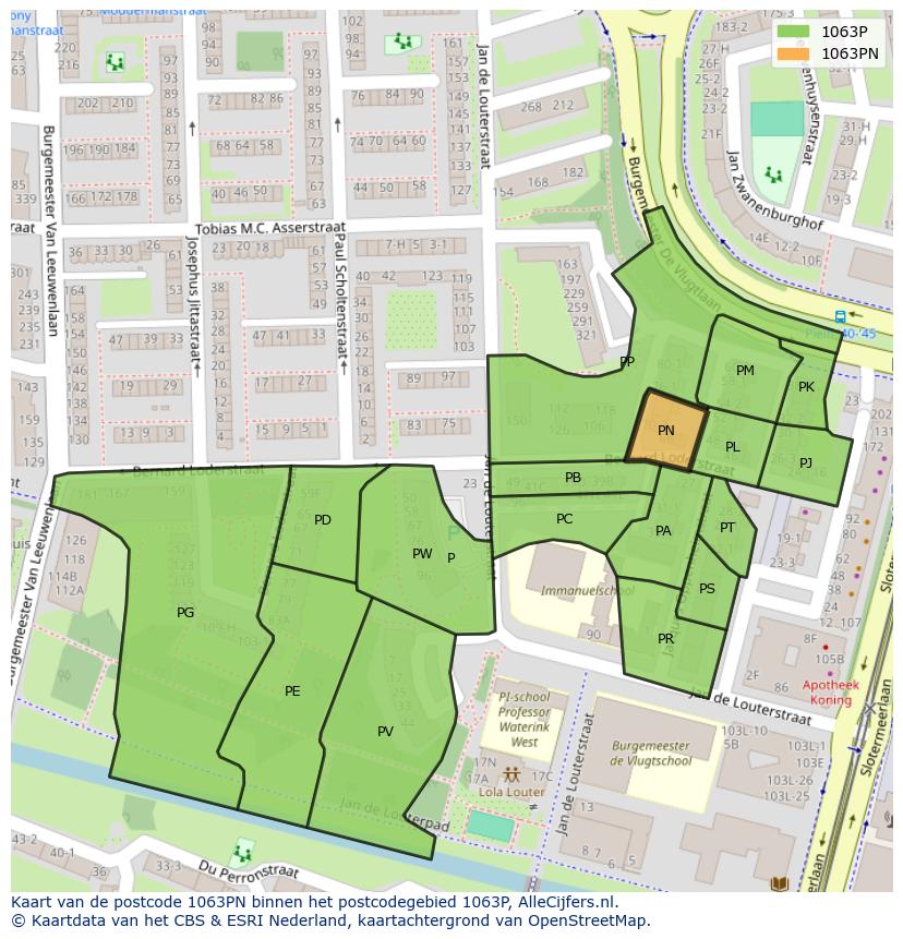 Afbeelding van het postcodegebied 1063 PN op de kaart.