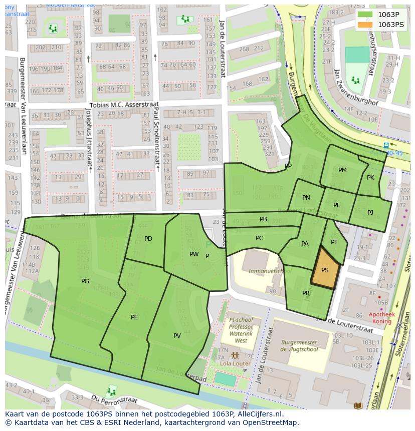 Afbeelding van het postcodegebied 1063 PS op de kaart.
