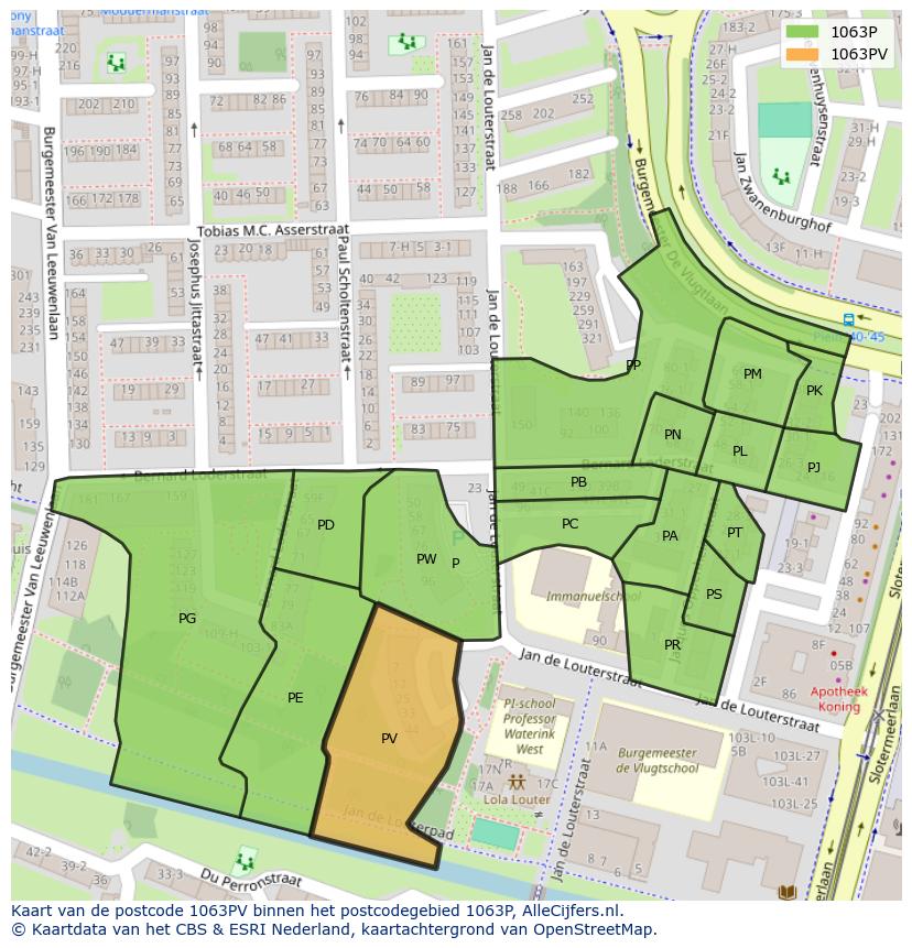 Afbeelding van het postcodegebied 1063 PV op de kaart.