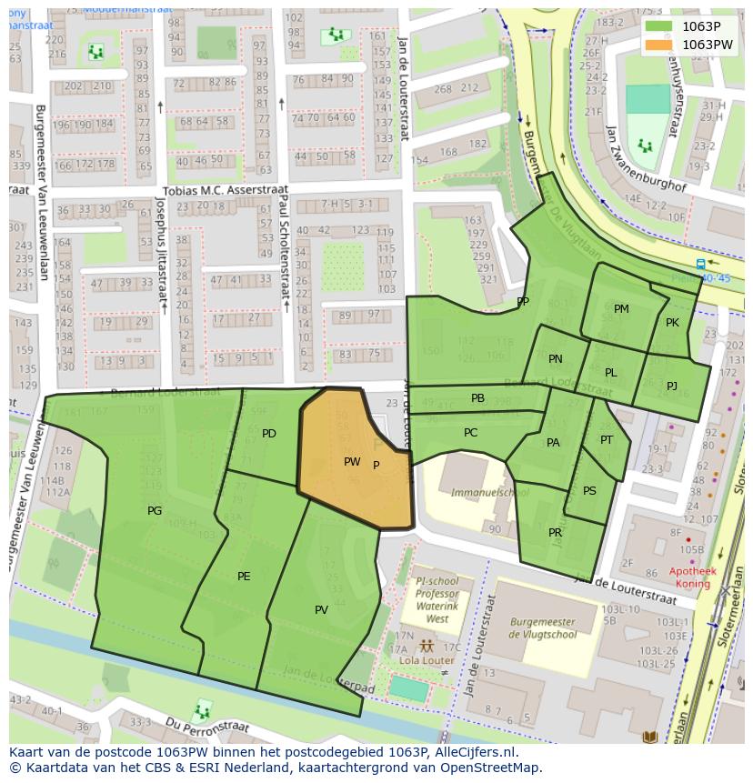Afbeelding van het postcodegebied 1063 PW op de kaart.