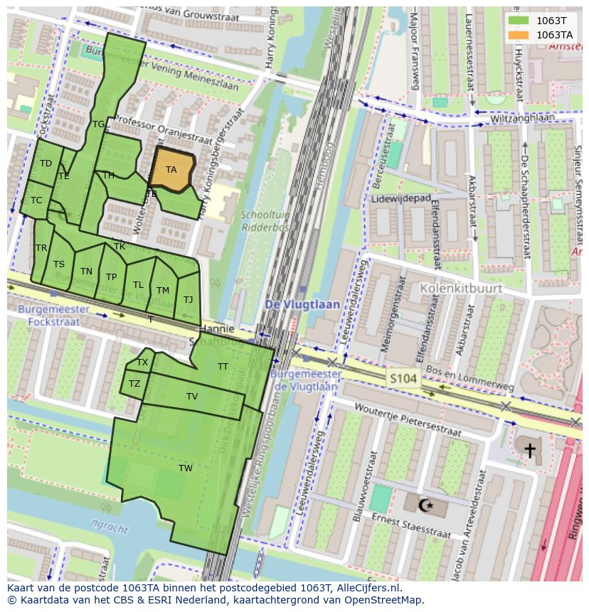 Afbeelding van het postcodegebied 1063 TA op de kaart.
