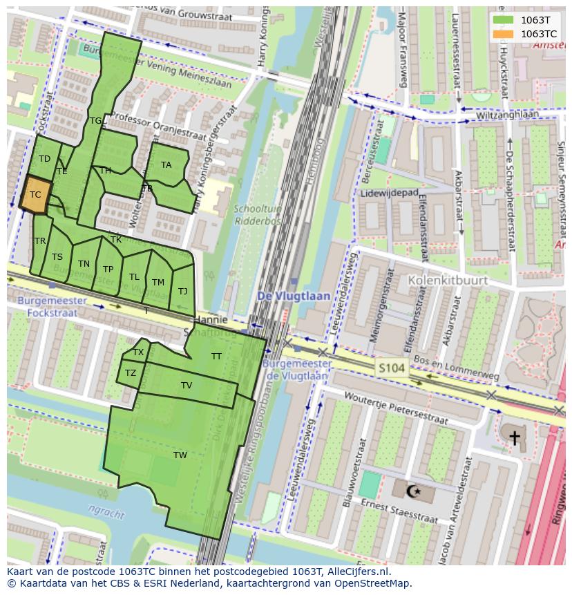 Afbeelding van het postcodegebied 1063 TC op de kaart.