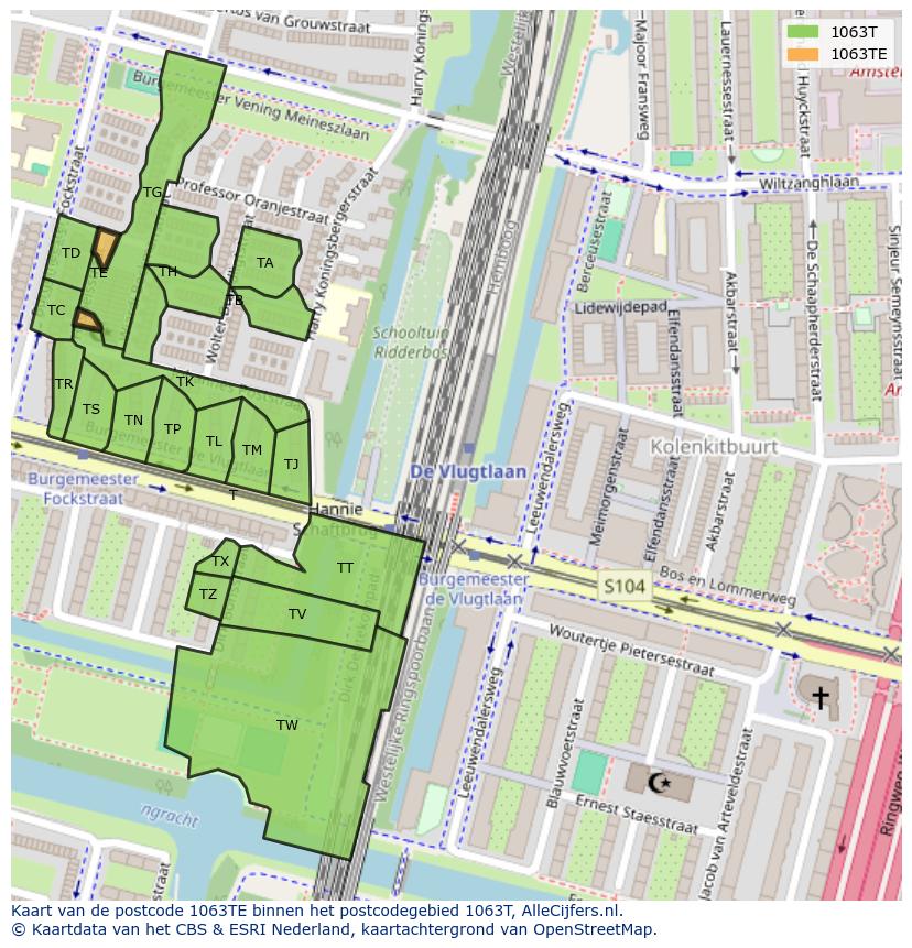 Afbeelding van het postcodegebied 1063 TE op de kaart.
