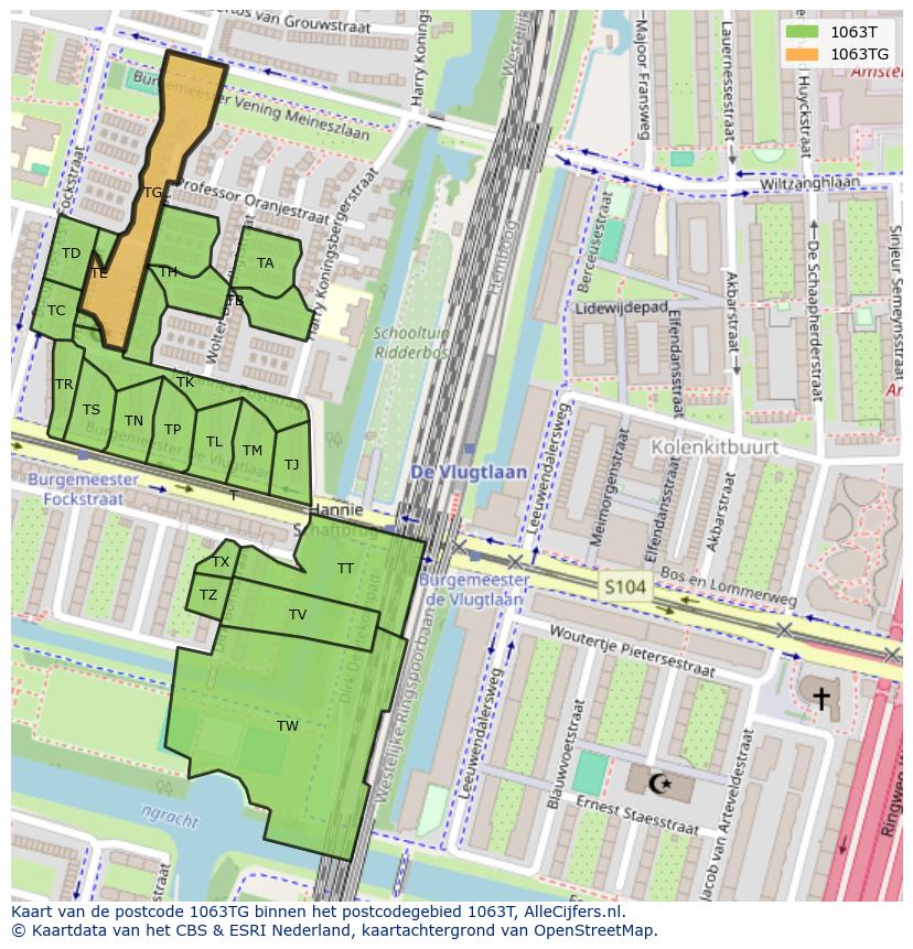 Afbeelding van het postcodegebied 1063 TG op de kaart.