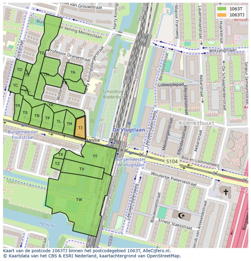 Afbeelding van het postcodegebied 1063 TJ op de kaart.