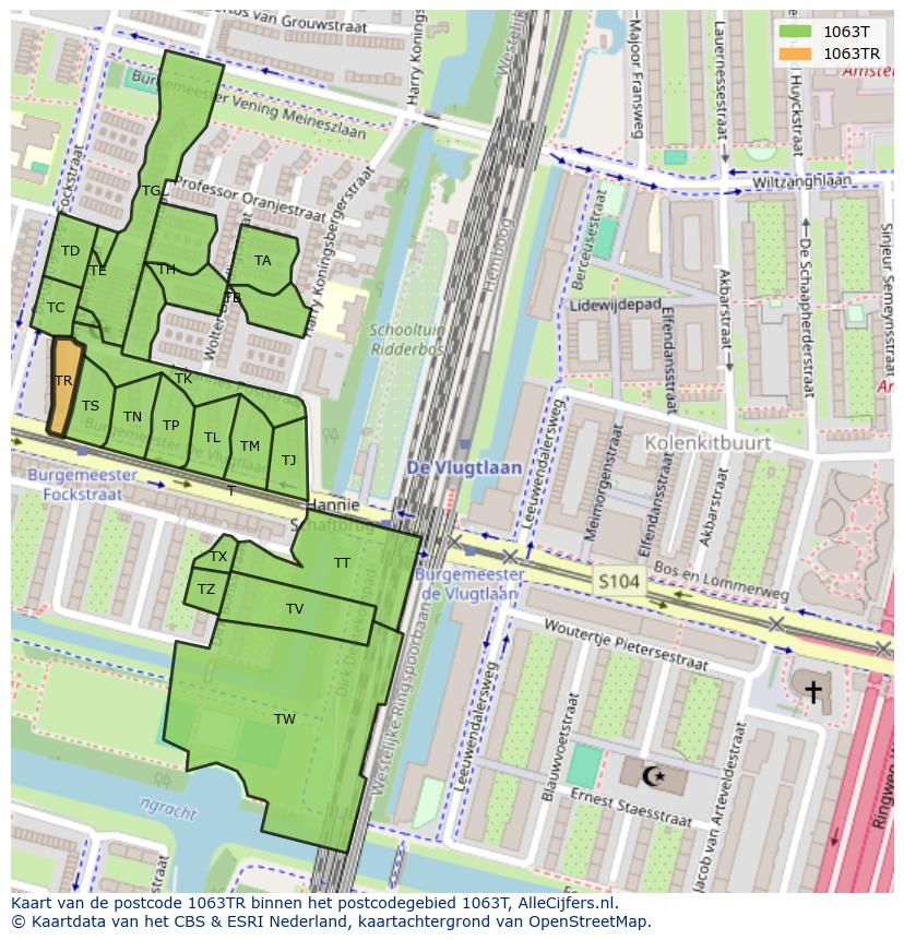 Afbeelding van het postcodegebied 1063 TR op de kaart.