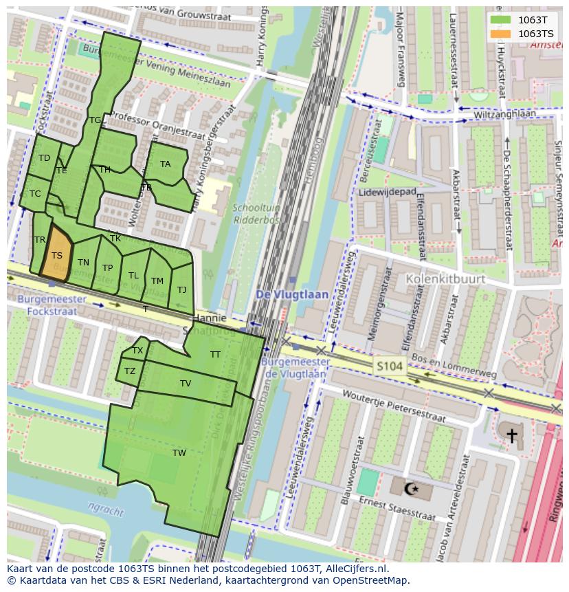 Afbeelding van het postcodegebied 1063 TS op de kaart.