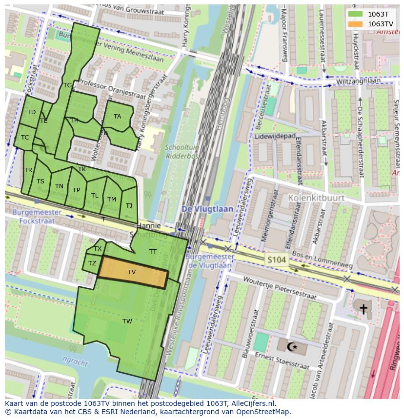 Afbeelding van het postcodegebied 1063 TV op de kaart.