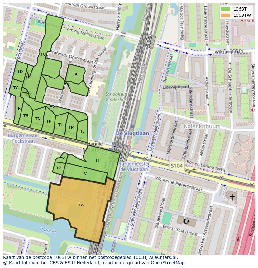 Afbeelding van het postcodegebied 1063 TW op de kaart.
