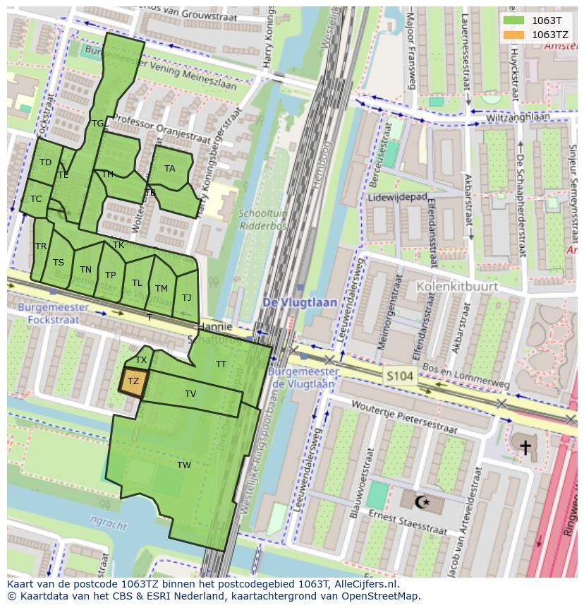 Afbeelding van het postcodegebied 1063 TZ op de kaart.